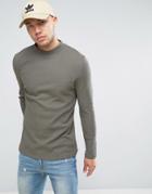 Asos Longline Muscle Long Sleeve T-shirt With Turtleneck In Waffle In Khaki - Green