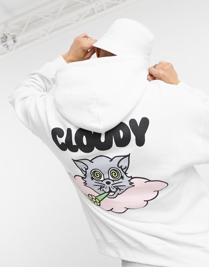 New Love Club 'cloudy Cat' Back Print Hoodie In White