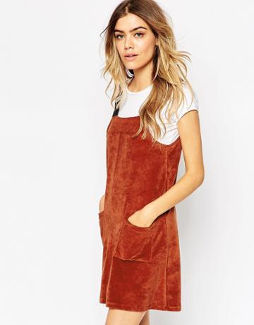 Asos Cord Pinafore Dress With Patch Pockets - Orange