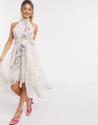 Asos Design Embroidered Pleated Halter Dress With Soft Layered Skirt-white