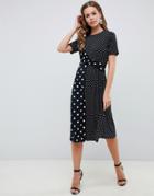 Asos Design Mono Mixed Spot Twist Front Dress - Multi