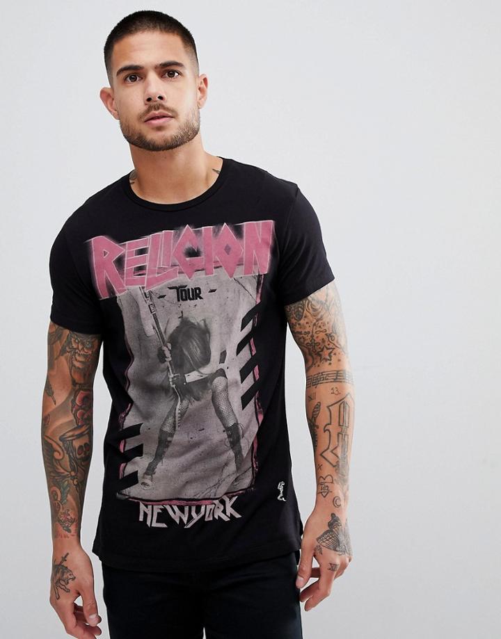 Religion T-shirt With Stepped Hem And New York Tour Print - Black