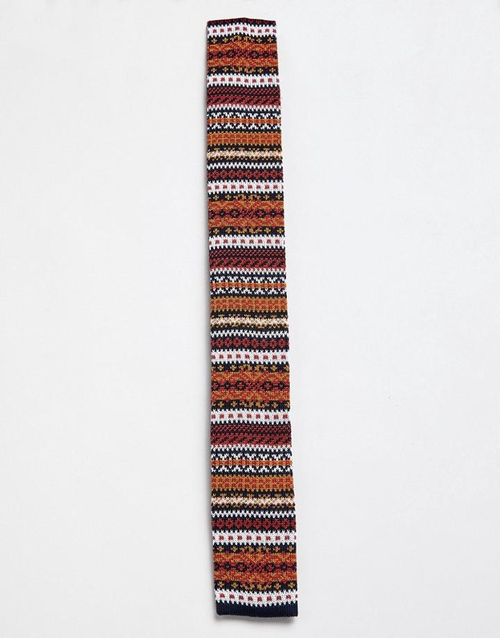 Moss London Knitted Tie With Fairisle Design - Navy