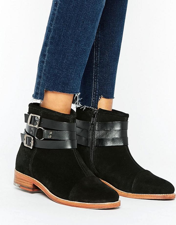 Ravel Strap Leather Flat Boot - Black