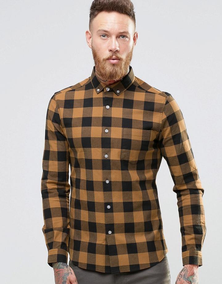 Asos Skinny Buffalo Shirt In Camel With Long Sleeves - Camel