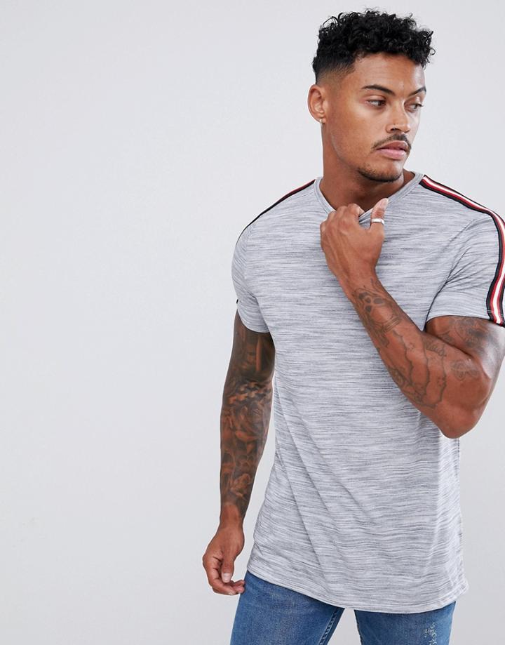 Asos Design Longline T-shirt In Interest Fabric With Contrast Taping In Gray