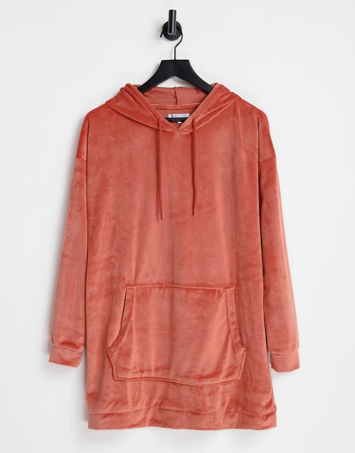 Brave Soul Victory Velour Lounge Hoodie Dress In Rust-brown