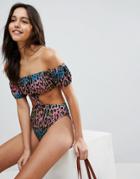 Asos Rainbow Leopard Print Tie Waist Bandeau Swimsuit - Multi