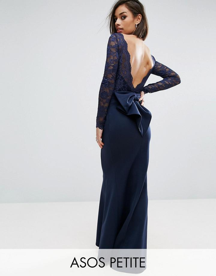 City Goddess Petite Fishtail Maxi Dress With Lace Sleeves And Bow Back - Navy
