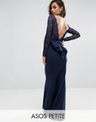 City Goddess Petite Fishtail Maxi Dress With Lace Sleeves And Bow Back - Navy