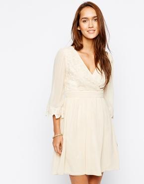 Little Mistress Wrap Front Crochet Detail Dress - Cream