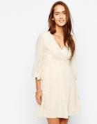 Little Mistress Wrap Front Crochet Detail Dress - Cream