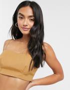 Asos Design Cropped Bandeau 3 Piece Suit In Camel Pinstripe-multi