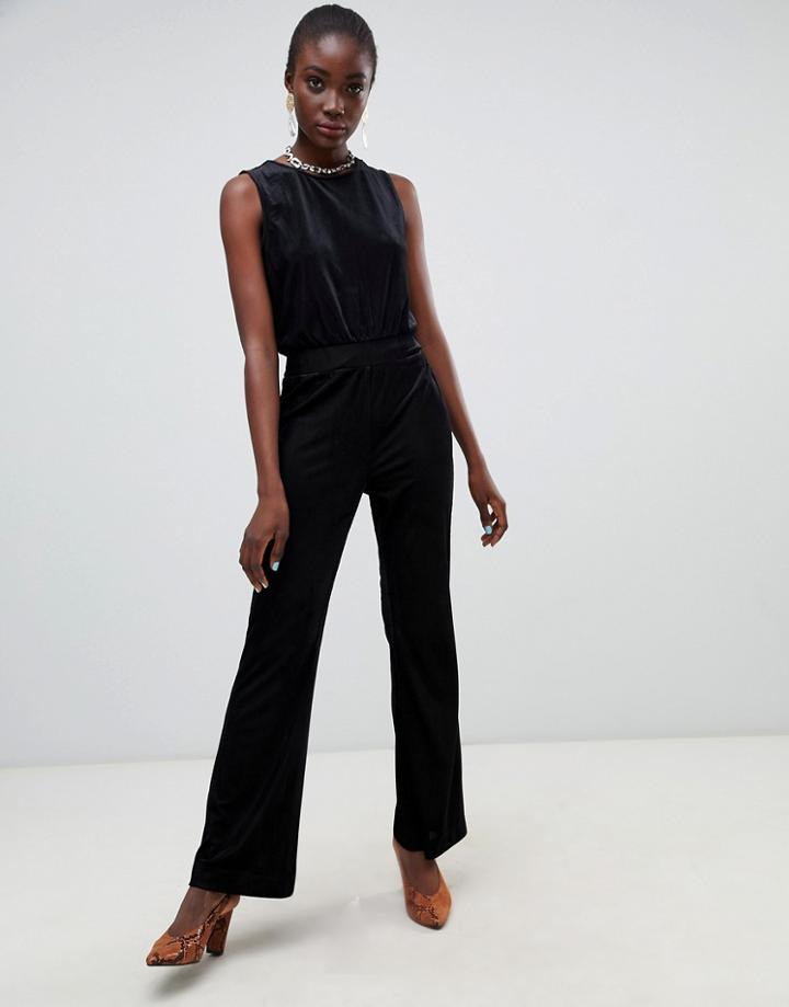 Pieces Velvet Ribbed Wide Leg Jumpsuit-black