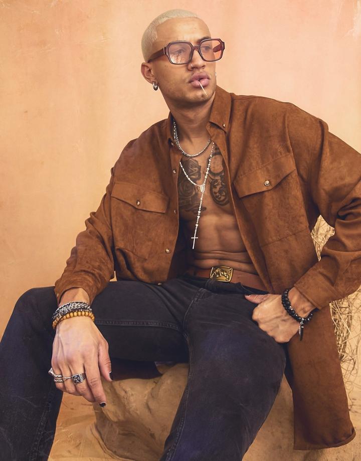 Asos Design Oversized Shirt In Faux Suede In Tan-neutral