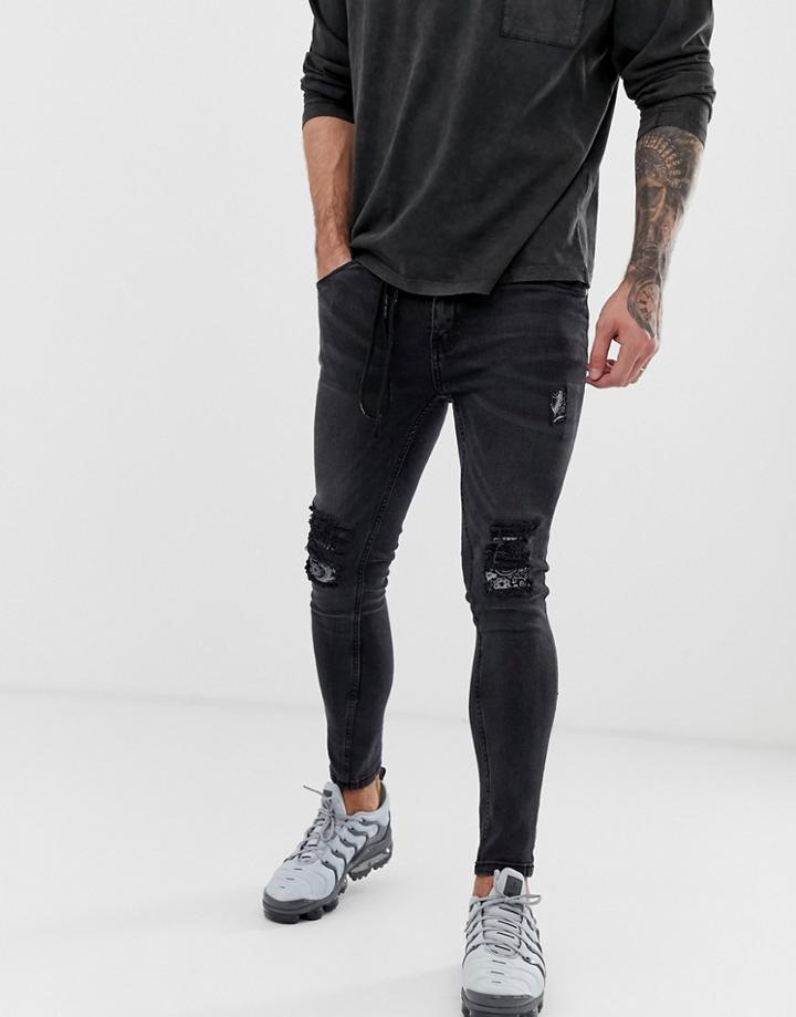 Night Addict Skinny Fit Ripped Jeans With Waist Rope - Black