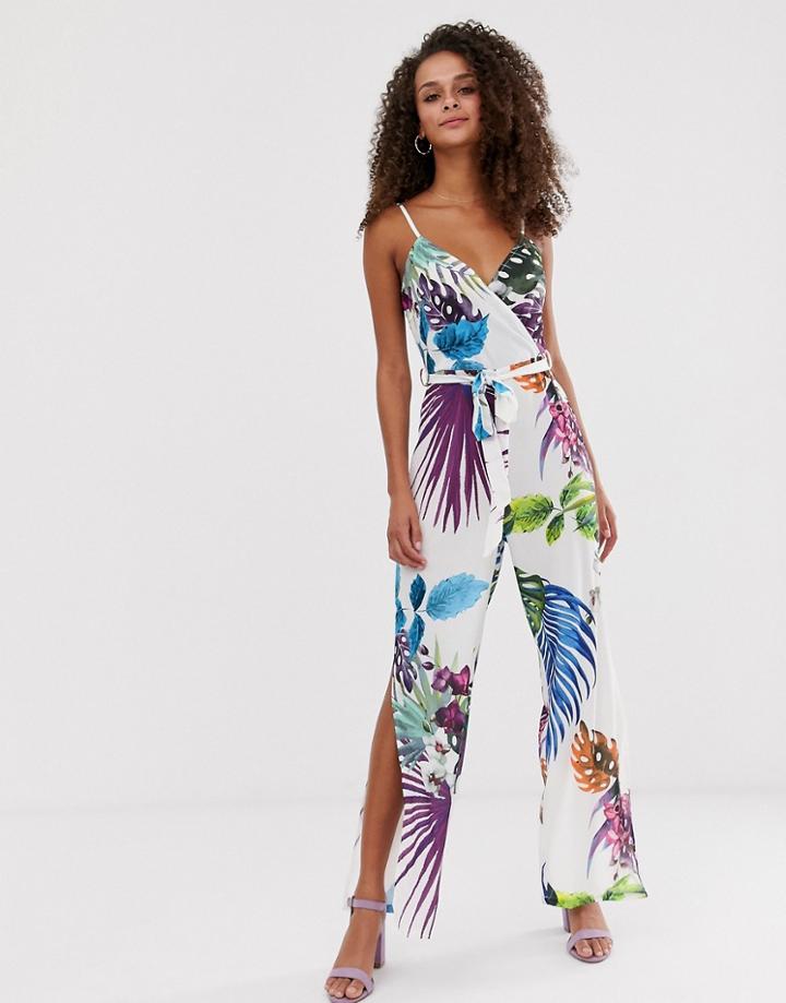 Parisian Wrap Front Jumpsuit In Tropical Print-white