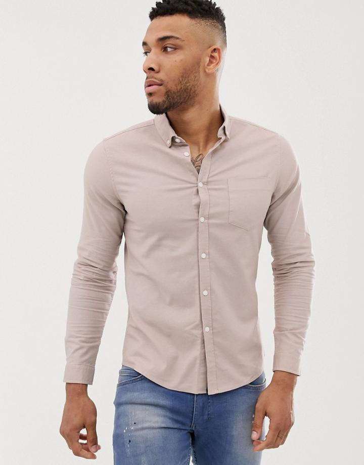Asos Design Slim Oxford Shirt With Button Down Collar In Light Brown - Brown