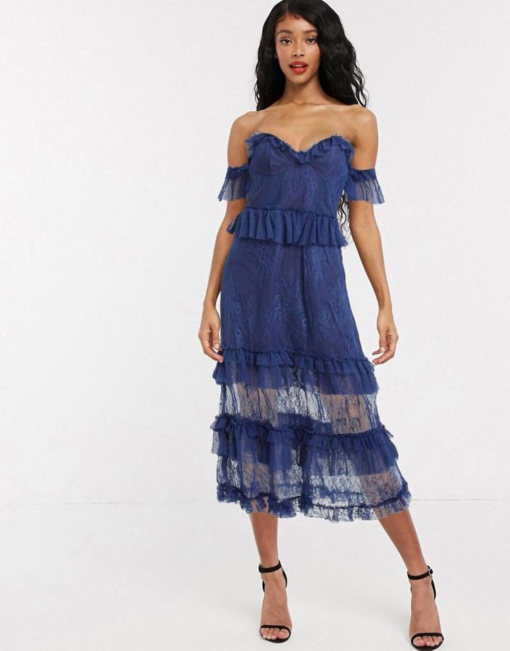 Bardot Off Shoulder Premium Lace Midi Dress In Blue-black