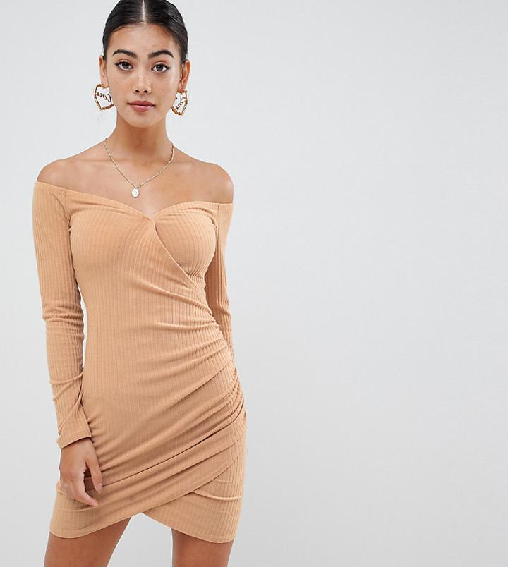 Boohoo Petite Bardot Knitted Wrap Mini Dress In Beige - Beige