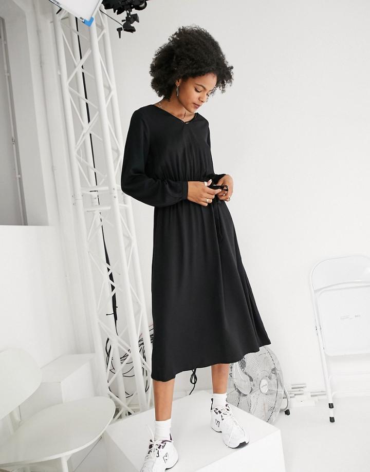 Only Long Sleeve V Neck Midi Dress In Black
