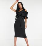 Asos Design Tall Peekaboo Shoulder Tuck Midi Pencil Dress In Black