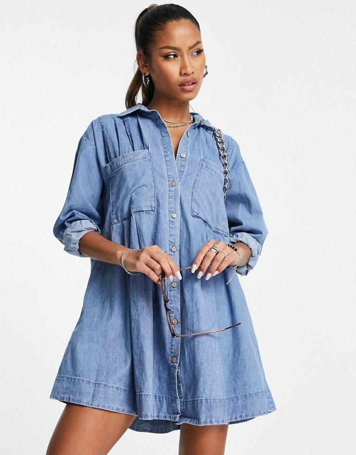 Free People The Denim Voyage Long Sleeve Mini Dress-blue