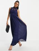 Tfnc High Neck Lace Maxi Dress In Navy