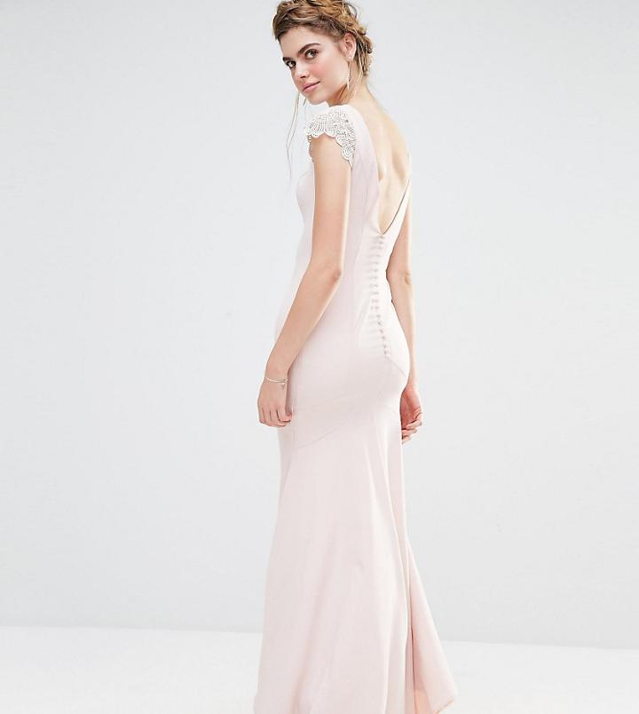 Jarlo Wedding Fishtail Maxi Dress With Lace Cap Sleeve And Button Back - Pink