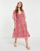 Asos Design Midi Smock Dress With Shirred Cuffs In Red Floral Print-multi