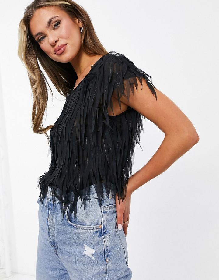 Asos Design Short Sleeve Faux Feather Tee In Black