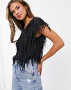 Asos Design Short Sleeve Faux Feather Tee In Black
