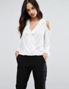 Lipsy Wrap Front Ruffle Blouse With Cold Shoulder - White