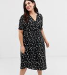 Influence Plus Shirred Sleeve Floral Midi Dress With Button Down Front In Black - Black