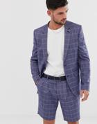 Asos Design Slim Suit Jacket In Linen Blue Check - Blue