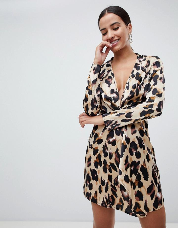 Missguided Knot Front Dress In Leopard - Multi