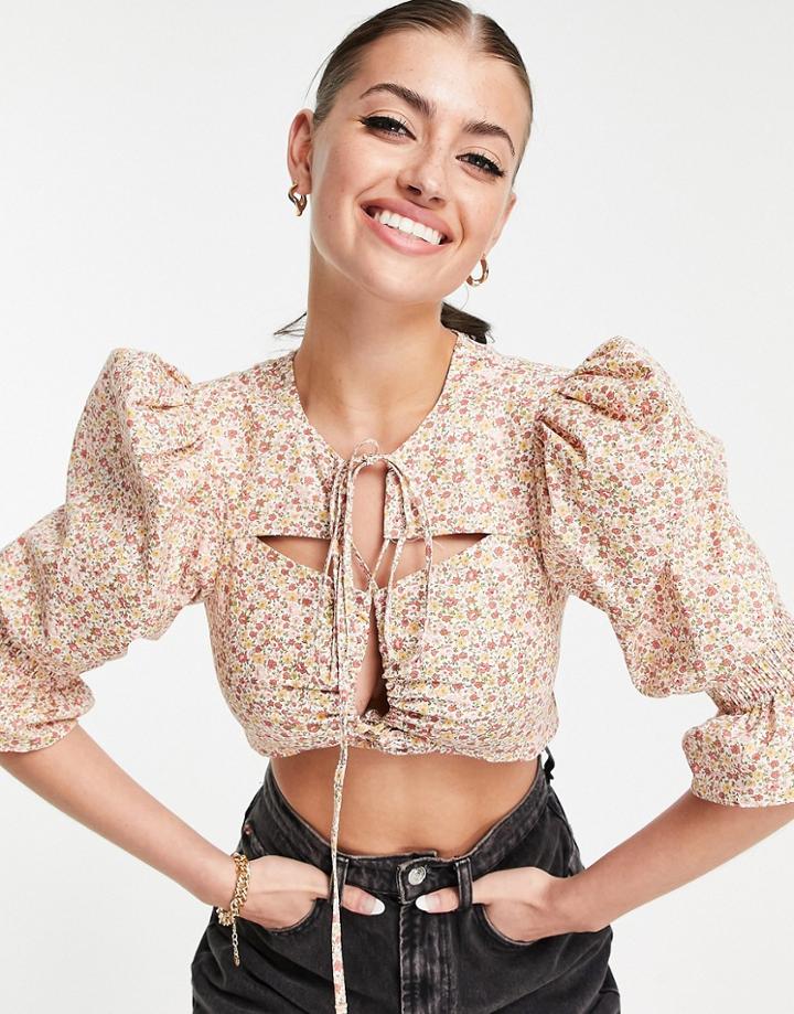 Asos Design Cotton Cut Out Tie Front Crop In Ditsy Floral-multi