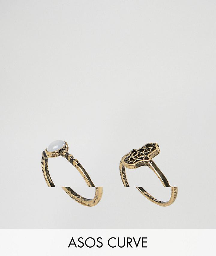 Asos Curve Pack Of 2 Hamsa Hand And Pretty Stone Rings - Gold