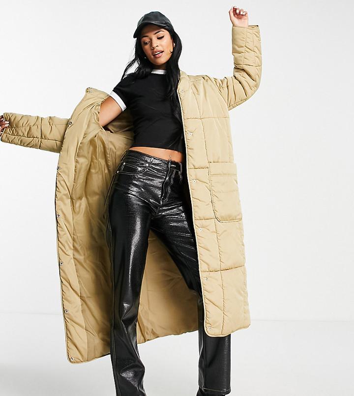 Asos Design Tall Quilted Longline Puffer Coat In Camel-neutral