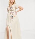 Hope & Ivy Maternity Plunge Floral Embroidered Midi Tea Dress In Ivory-white