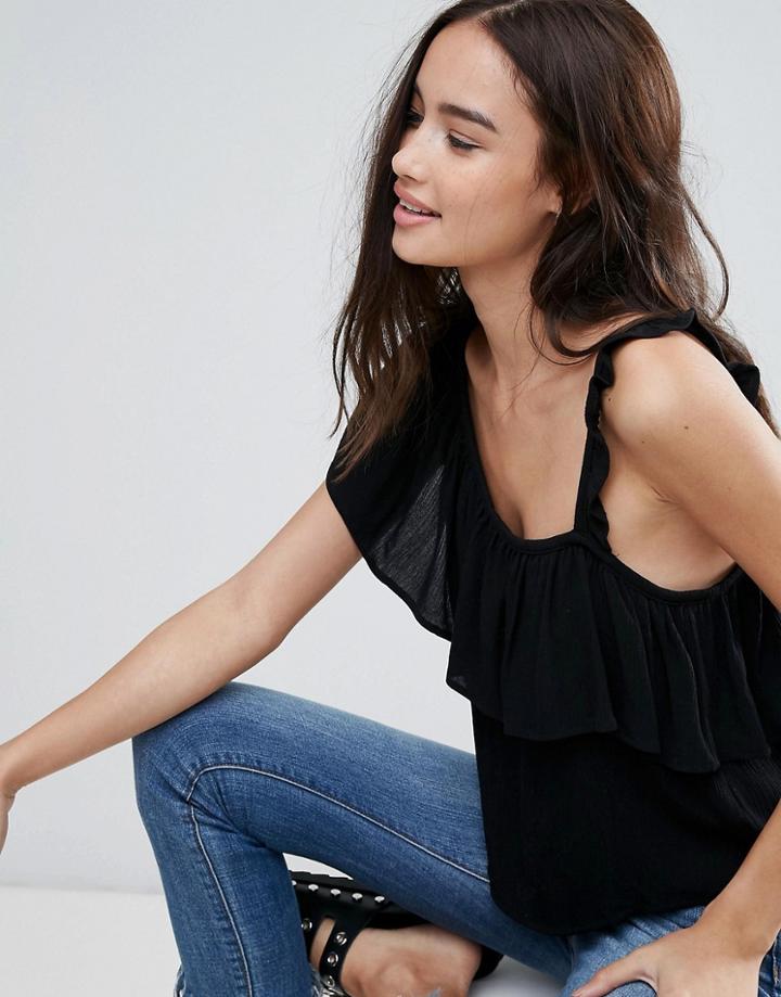Pull & Bear Top With Asymmetric Ruffle - Black