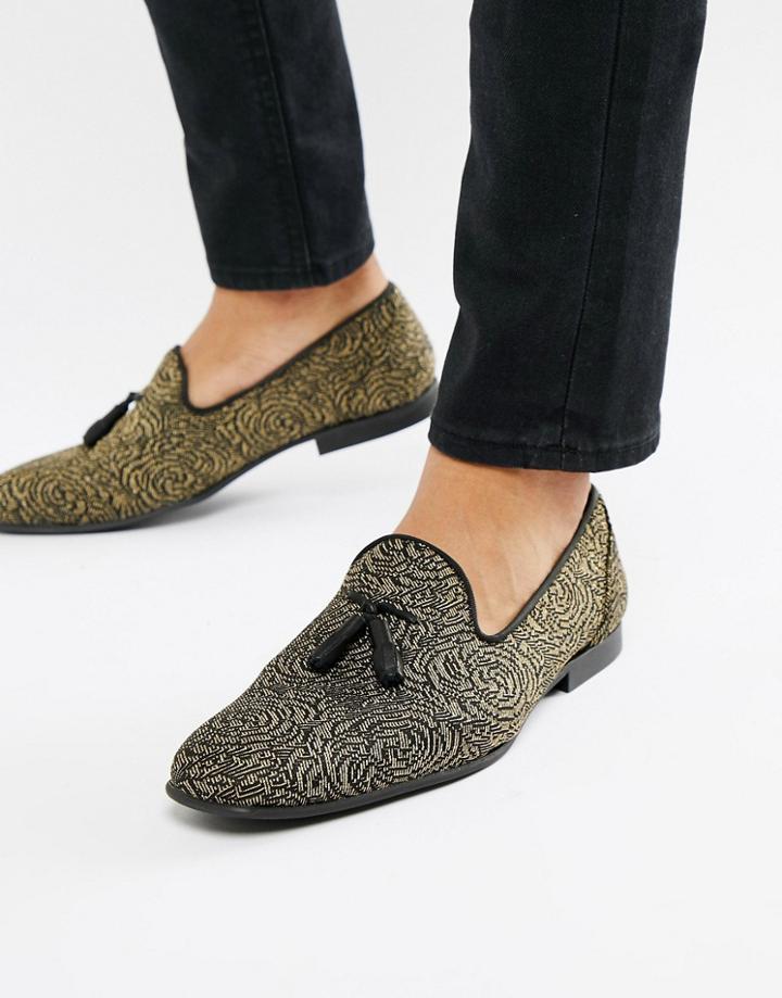 Asos Design Loafers In Black And Gold Rose Design - Gold
