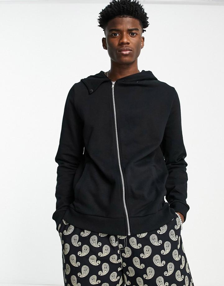 Asos Design Organic Zip Up Hoodie With Cross Over Hood In Black