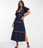 Asos Design Tall Lace Insert Midi Dress With Flower Embroidery In Navy