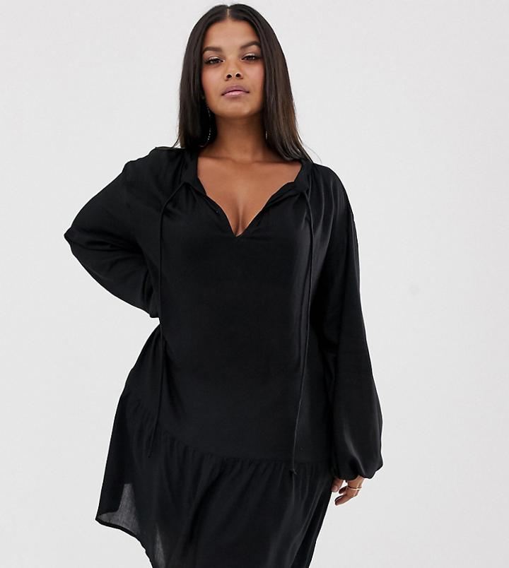 Prettylittlething Plus Exclusive Smock Dress With Frill Hem In Black - Black