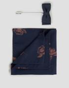 Devils Advocate Rose Pocket Square With Rose Print And Bow Pin - Navy
