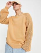 Asos Design Oversized Knitted Sweater Contrast Sleeves In Light Brown