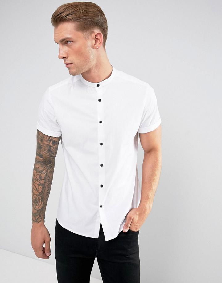 Asos Stretch Slim Shirt In White With Grandad Collar And Contrast Buttons In Short Sleeve - White