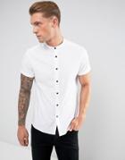 Asos Stretch Slim Shirt In White With Grandad Collar And Contrast Buttons In Short Sleeve - White