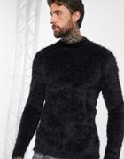 Asos Design Fluffy Textured Knitted Roll Neck Sweater In Black